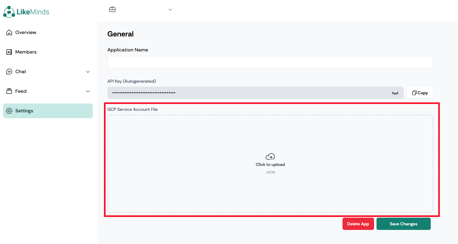 LikeMinds Admin Dashboard - Upload Service Account File